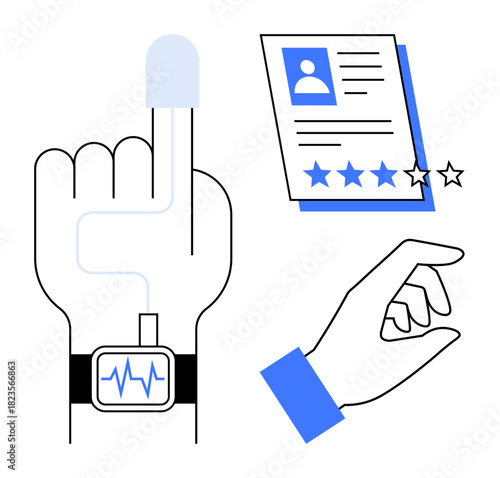 Hand with smartwatch monitoring pulse, document with rating stars, and gesture hand. Ideal for health monitoring, recruitment, fitness tech, evaluation, medical devices, user interface simple flat