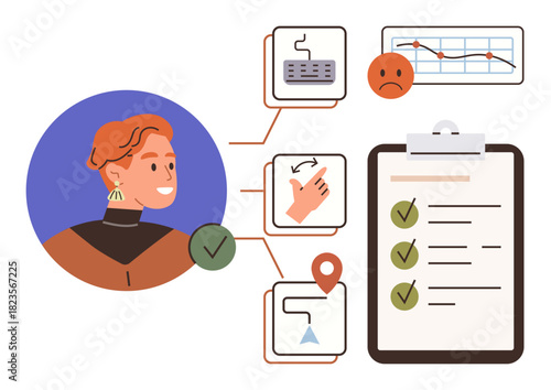 Person analyzing multitasking workflows with icons for keyboard, thumbs-up, map, graph, and checklist. Ideal for productivity, task planning, evaluation, progress tracking teamwork organization