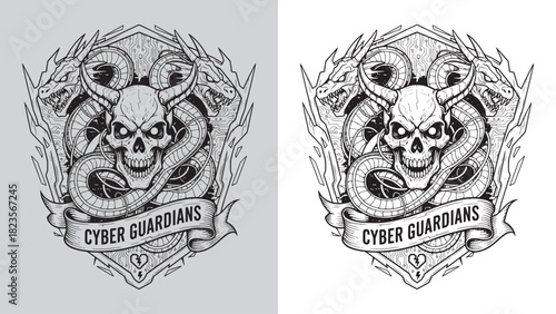 Cyber Guardians Demon Skull Emblem with Dragons and Circuitry Shield Outline