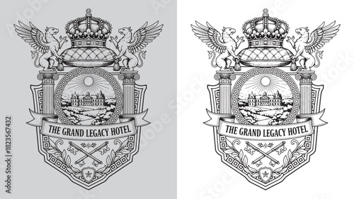 The Grand Legacy Hotel Palace Emblem Crest with Griffins, Crown, and Landscape
