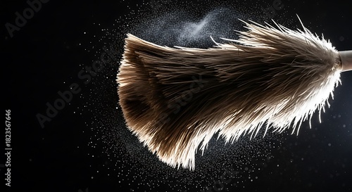A feather duster in action, with dust particles flying off its bristles against a dark background, capturing the essence of cleaning and tidiness