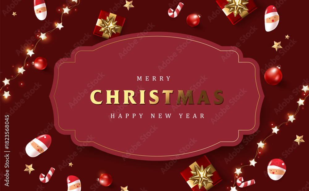 Obraz premium Holiday Christmas banner frame background with festive decoration ornaments, gifts, stars and seasonal elements for celebration, greeting and winter event design
