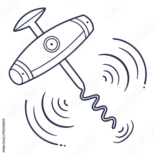 A simple hand drawn outline illustration of a corkscrew with radiating sound waves indicating its action or use in a stylized manner
