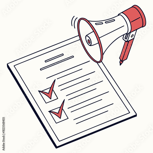 Illustration of a megaphone announcing over a document with two completed checklist items marked with red checkmarks representing important announcements or decisions made