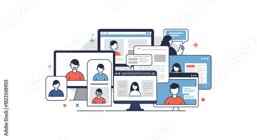 Virtual team connecting online via multiple screens showcasing remote collaboration for digital transformation and global communication strategies.
