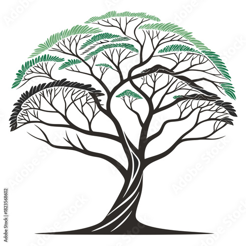 Stylized silhouette of a majestic tree with a twisted trunk and sparse green and black foliage against a white background