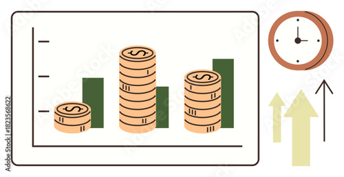 Coins stacked with bar graph, clock, upward arrows symbolizing time-managed financial growth, success. Ideal for savings, finance, investment, progress, time planning business development economic