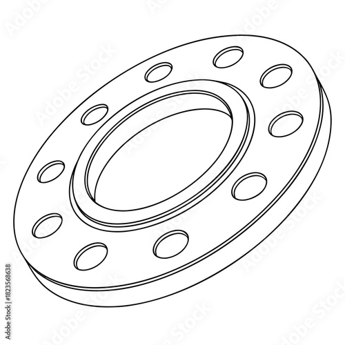 A detailed technical illustration of a single industrial pipe flange with multiple bolt holes and a circular opening presented in a clean line art style on a white background