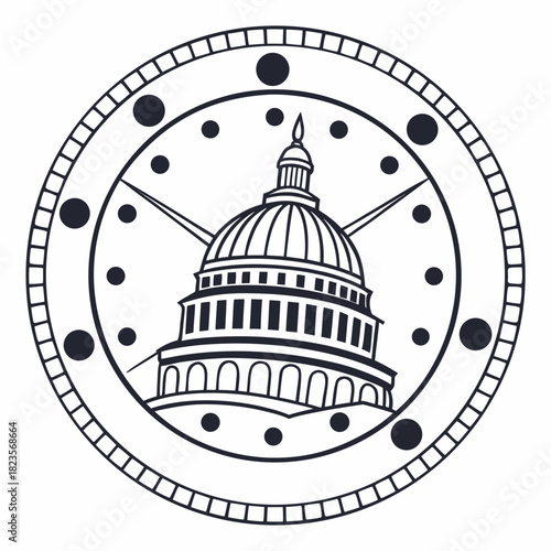 Stylized illustration of the united states capitol building dome in a circular emblem with decorative elements representing government and national symbols