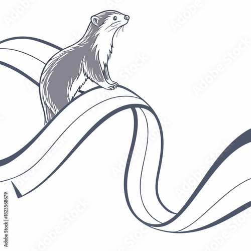A charming illustration of a playful ferret perched on flowing ribbons rendered in a clean modern graphic style with a white background