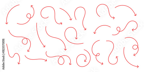 Collection hand drawn arrows. Set simple curved arrows isolated on white background.  Doodle arrow. Collection different arrows sign.  eps 10