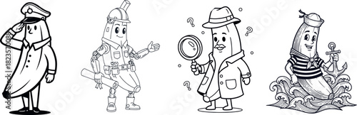 Banana Character Professions Set – Pilot, Cyborg Worker, Detective, Sailor | Cute Fruit Mascot Line Art (Musa acuminata)