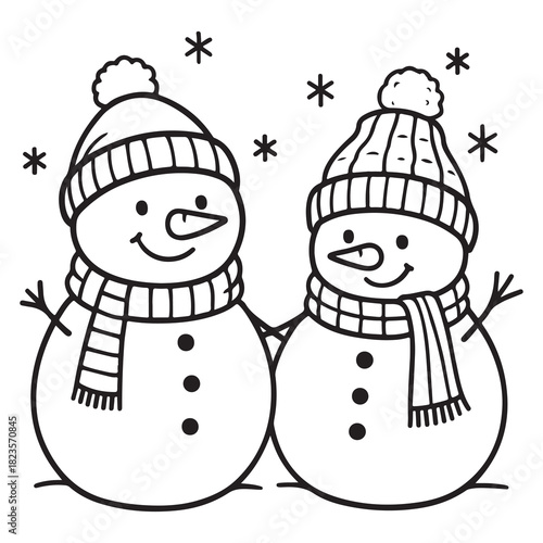 Happy pair of snowmen wearing matching scarves and beanies in a line art illustration. Black and white cartoon vector illustration