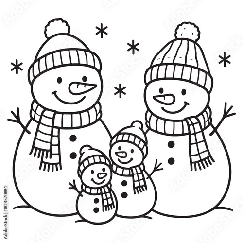 Cute cartoon snowman family of four, bundled up in scarves and beanies with falling snow. Black and white line art vector illustration in cartoon style