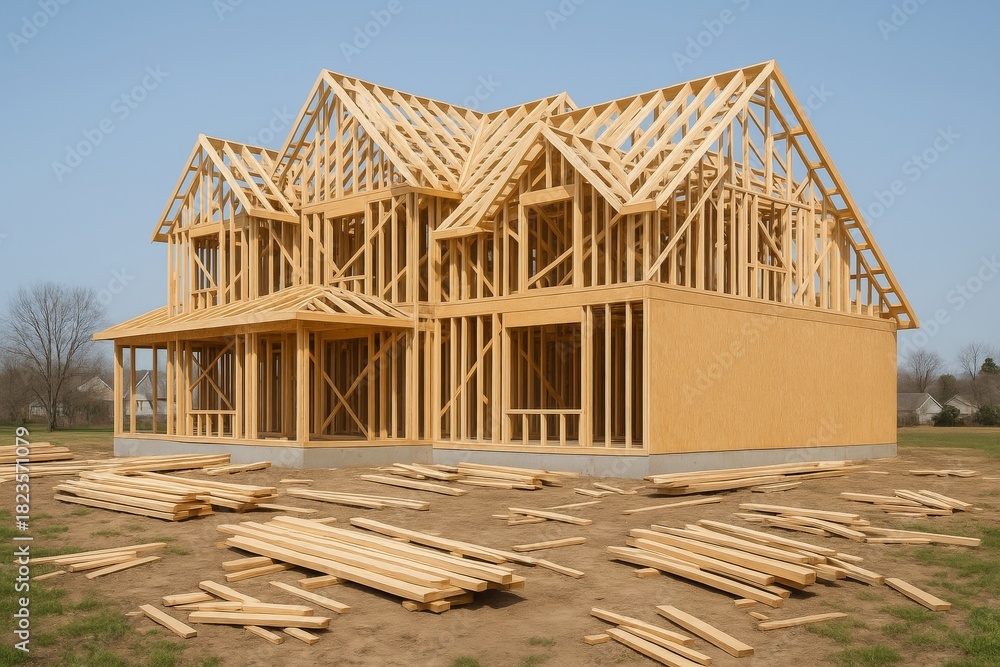 Obraz premium Wooden house under construction with exposed framing and scattered lumber on ground, showcasing building industry concept on clear day outdoors. Ai generative