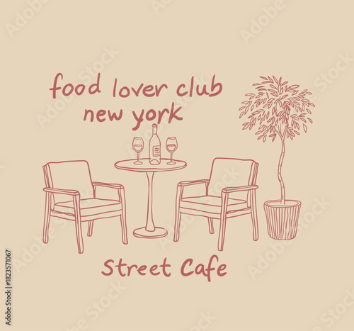 Hand drawn vintage coffee shop with table and chair sketch, poster graphic print, Vintage street cafe illustration