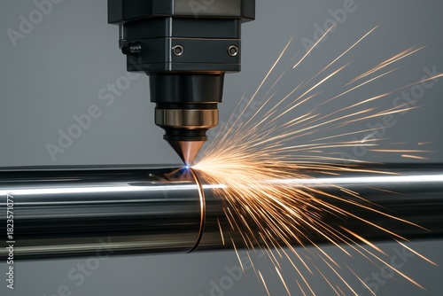 High-precision laser cutting machine slicing through metal pipe with bright sparks flying in industrial manufacturing environment. Ai generative. Ai generative