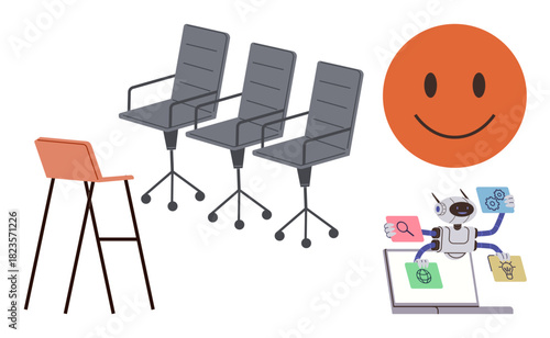 Office chairs surrounding a smiling face and a robot multitasking on a laptop. Ideal for teamwork, office culture, technology, innovation, productivity, collaboration, automation, and simple flat