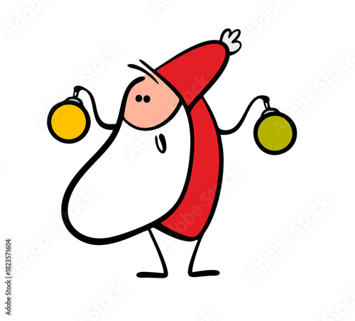 Kind Santa Claus brought Christmas tree toys and decorations for   holiday. Vector illustration of stickman decorating  tree for  new year. Glass colored balls in the hands of a fairy-tale character.