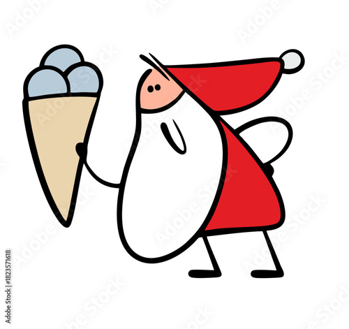 Funny cartoon Santa Claus treats dessert. Vector illustration of New year or Christmas. A fairy-tale character holds a huge waffle cone with ice cream.