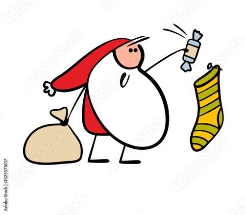 Cartoon Santa Claus brought a big bag of gifts. Vector illustration of a magician putting candy in a sock. Good tradition for Christmas and New Year. Funny old grandfather with a white beard.