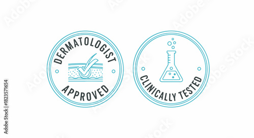 Dermatologist Approved and Clinically Tested seal badge stamp icon set vector for skin care packaging