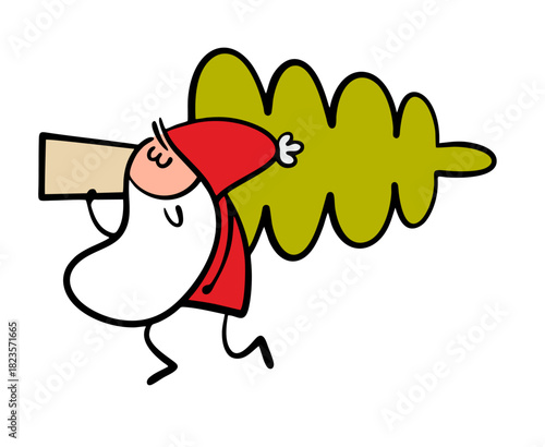 Funny Santa Claus is carrying a big Christmas tree. Vector illustration of a fairy-tale character and the magic of Christmas, a gift for the new year. A green tree from the forest.