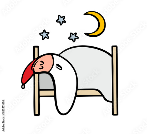 Cute Santa Claus with   white beard is lying on pillow in bed. Vector illustration of  fairy-tale character who slept through the new year. Stickman is on vacation. Night, starry sky and moon.