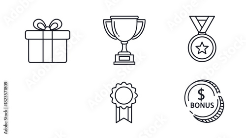 Illustration of gift box, trophy, medal, rosette, and bonus icon.