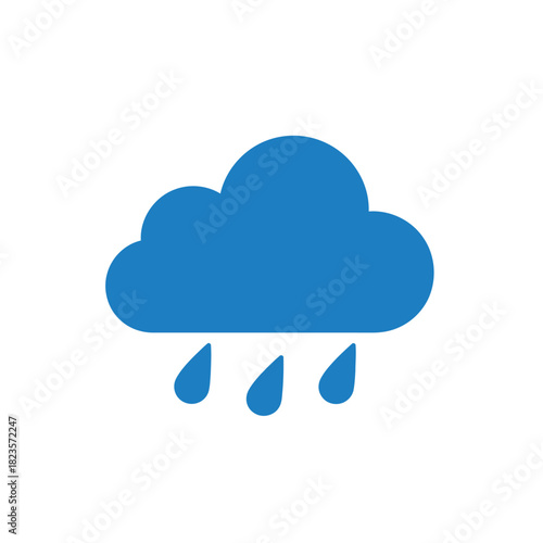 Minimalist rainy weather icon featuring a blue cloud with falling raindrops on a white background, symbolizing precipitation and forecast