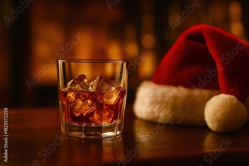 A glass of liquor with ice cubes in it sits on a table