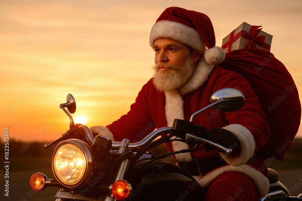 Fototapeta premium A man in a Santa hat is riding a motorcycle