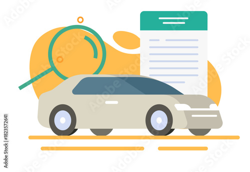 Car vehicle inspection document report icon vector modern graphic illustration design, auto motor engine information history form analysis, transport search investigation assessment