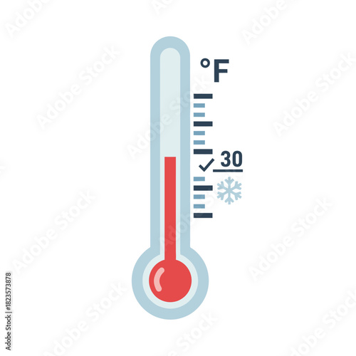 Thermometer displaying a cold temperature below 30 degrees Fahrenheit with a snowflake icon, indicating freezing conditions