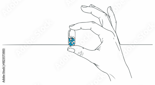 Conceptual line drawing of hand holding medical pill capsule containing nanotechnology particles