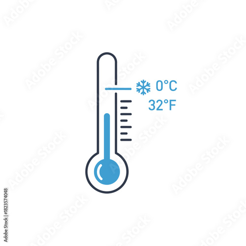 Thermometer icon showing the freezing point at 0 degrees Celsius or 32 Fahrenheit. Weather symbol for cold, winter, and frost