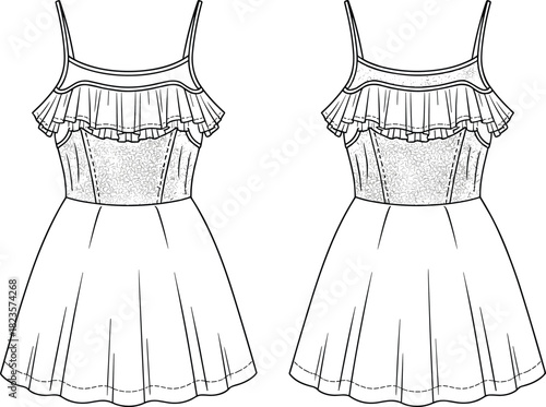 Sleeveless ruffle dress sketch, spaghetti straps, textured bodice, flared skirt, front and back view, CAD vector template