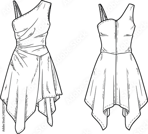 Asymmetrical one-shoulder dress fashion illustration, draped bodice, handkerchief hem, zipper back, CAD vector template