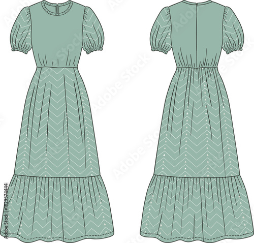 Chevron puff sleeve dress sketch with tiered skirt, gathered waist, back zipper seam, CAD vector fashion template