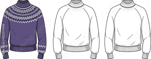 Fair Isle sweater fashion illustration, ribbed collar and cuffs, multi-style rendering, CAD drawing flat vector illustration