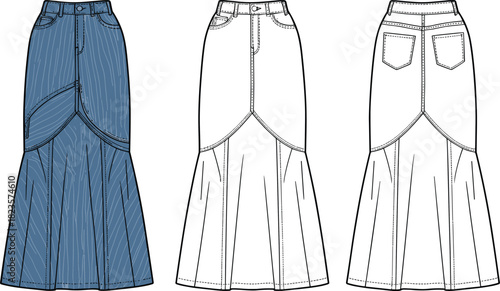 Long denim skirt fashion illustration, flared hem, yoke detail, front and back view, CAD drawing flat vector illustration