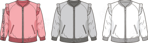 Women's ruffle detail jackets, zipper front, ribbed cuffs, fashion flat sketch, garment design, color variation, cad drawing flat vector illustration