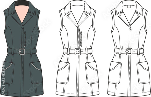 Sleeveless belted dress fashion illustration, front zipper, notched collar, patch pockets, multi-view layout, CAD drawing flat vector illustration