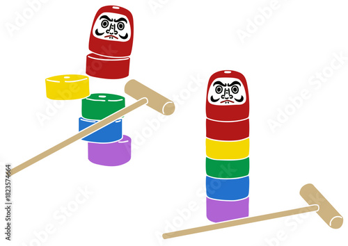 だるま落とし2種　版画