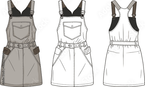 Sleeveless overall dress fashion illustration, belted waist, multi-pocket design, front and back view, CAD drawing flat vector illustration