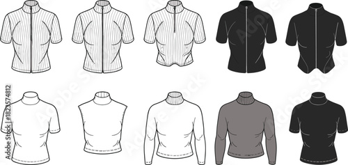 Technical shirt design illustration set, cycling jerseys and mock neck tops, sleeve and panel variations, CAD drawing vector template