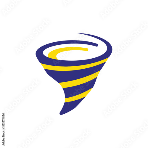 Blue and yellow striped tornado swirl logo icon, an abstract representation of a powerful cyclone vortex or dynamic storm energy