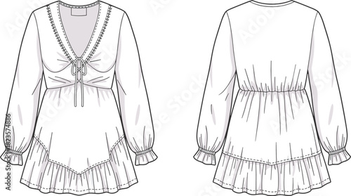 V-neck ruffle hem tunic dress sketch, drawstring waist, puff sleeve, front and back view, CAD drawing vector template