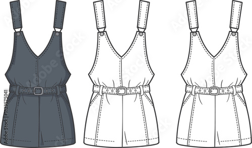 Sleeveless romper fashion illustration, V-neckline, belted waist, multi-view layout, front and back, CAD drawing flat vector illustration