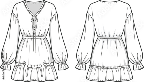 Long sleeve ruffle hem dress sketch, lace-up V-neckline, gathered waist, front and back view, CAD drawing vector template